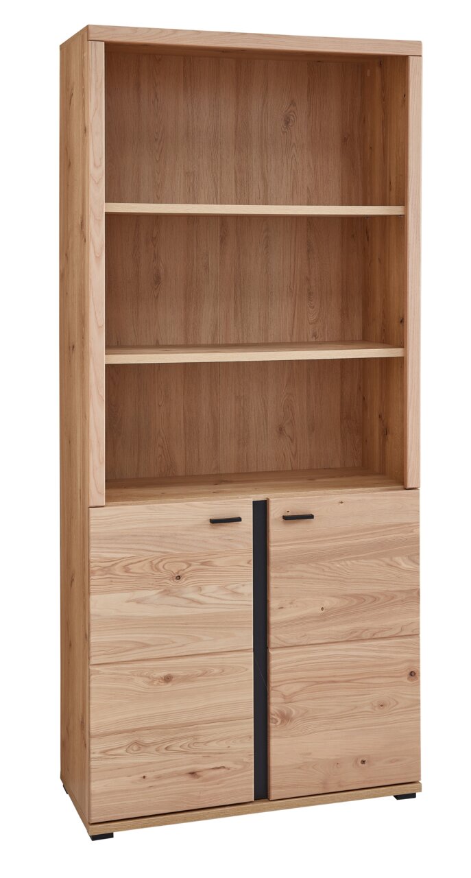 Holz-Akten- und Regalschrank mit zwei offenen Regalböden und zwei Türen, Frontalansicht