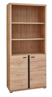 Holz-Akten- und Regalschrank mit zwei offenen Regalböden und zwei Türen, Frontalansicht