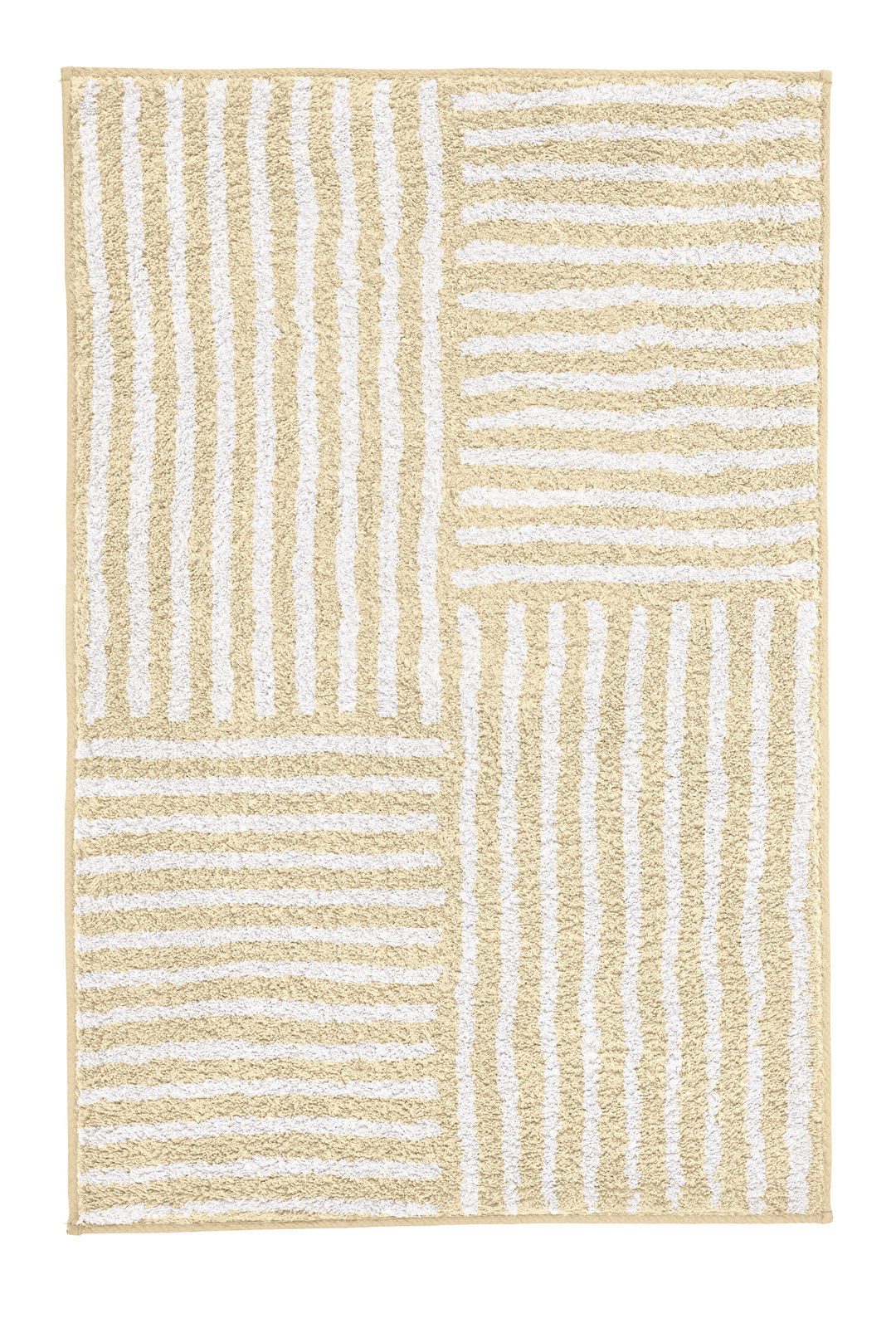 Beige-weißer Badteppich mit Streifenmuster, Draufsicht
