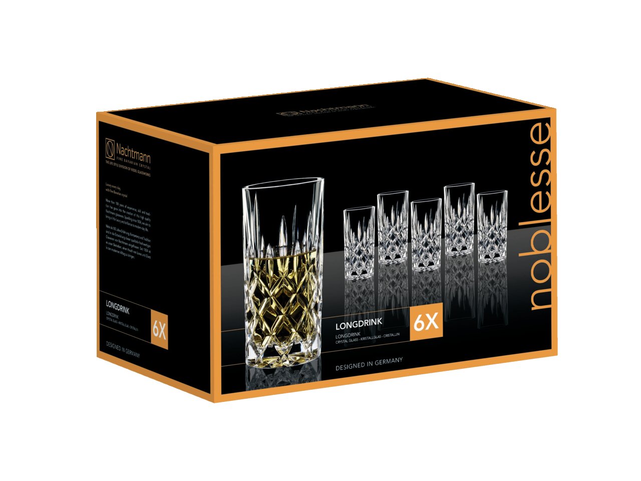 Verpackung mit sechs Longdrinkbechern Noblesse 375ml, seitliche Perspektive