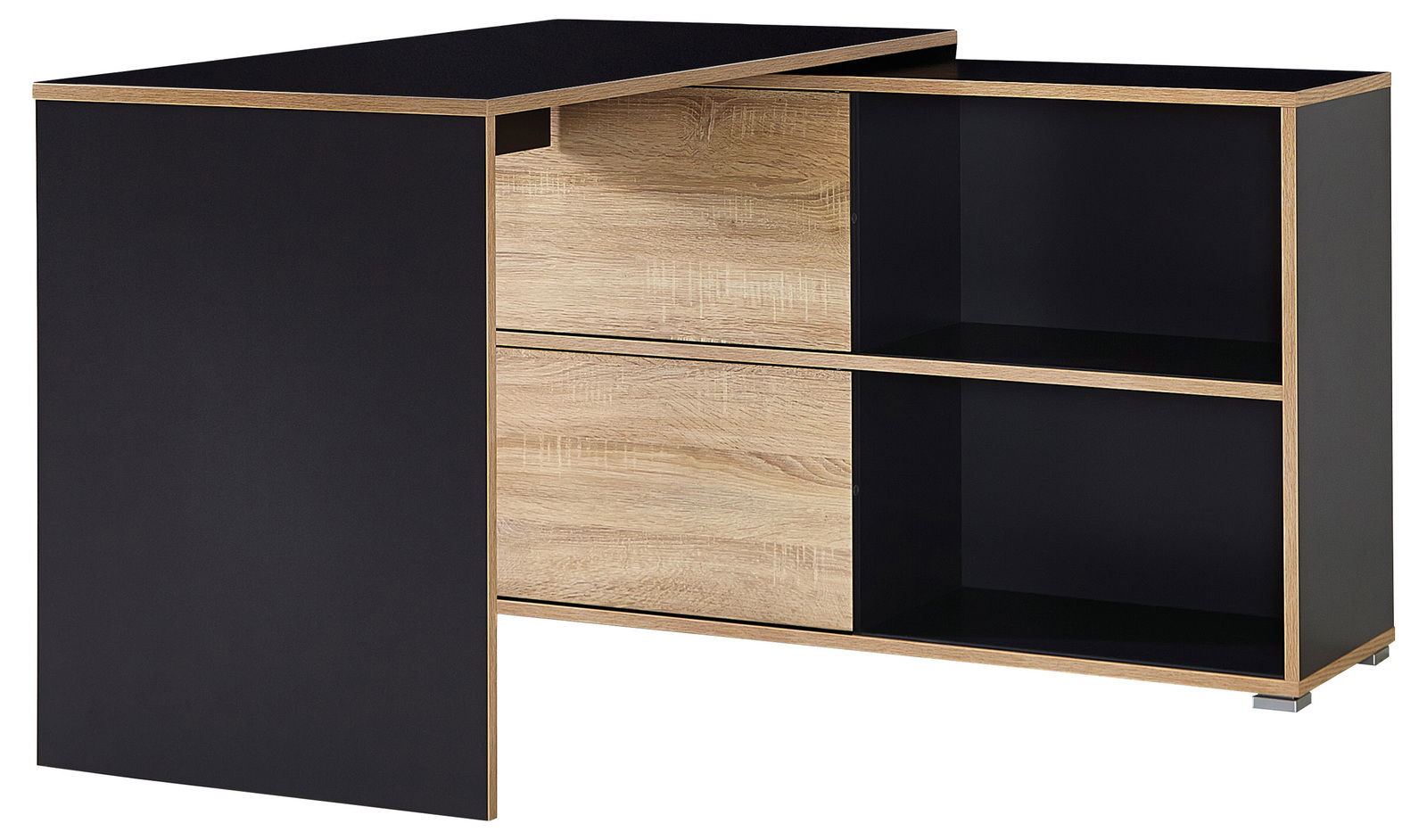 Moderner Schreibtisch mit schwarzer und holzfarbener Oberfläche, seitliche Perspektive