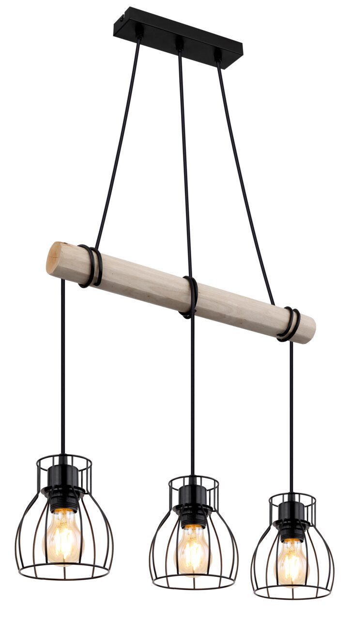 Globo Lighting Hängeleuchte MINA Moderne Hängeleuchte mit drei schwarzen Drahtkäfigen und Holzstab, seitliche Perspektive