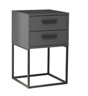 Moderne Nachtkommode mit zwei Schubladen in dunklem Grau, auf einem schlanken Metallgestell, seitliche Perspektive