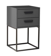 Moderne Nachtkommode mit zwei Schubladen in dunklem Grau, auf einem schlanken Metallgestell, seitliche Perspektive