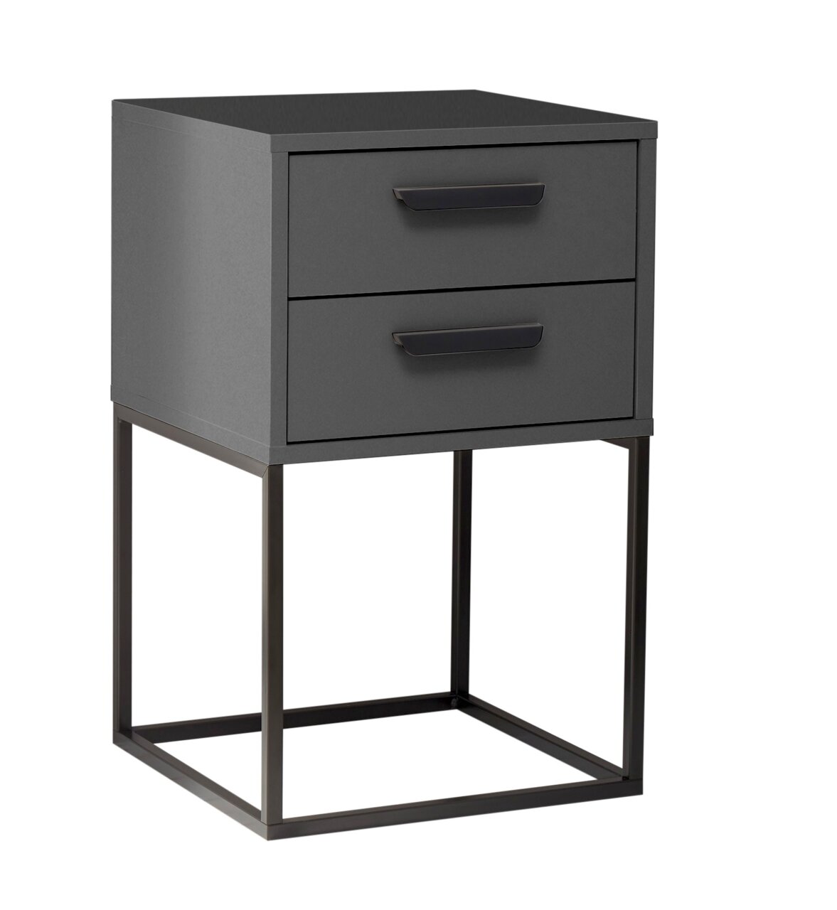Moderne Nachtkommode mit zwei Schubladen in dunklem Grau, auf einem schlanken Metallgestell, seitliche Perspektive