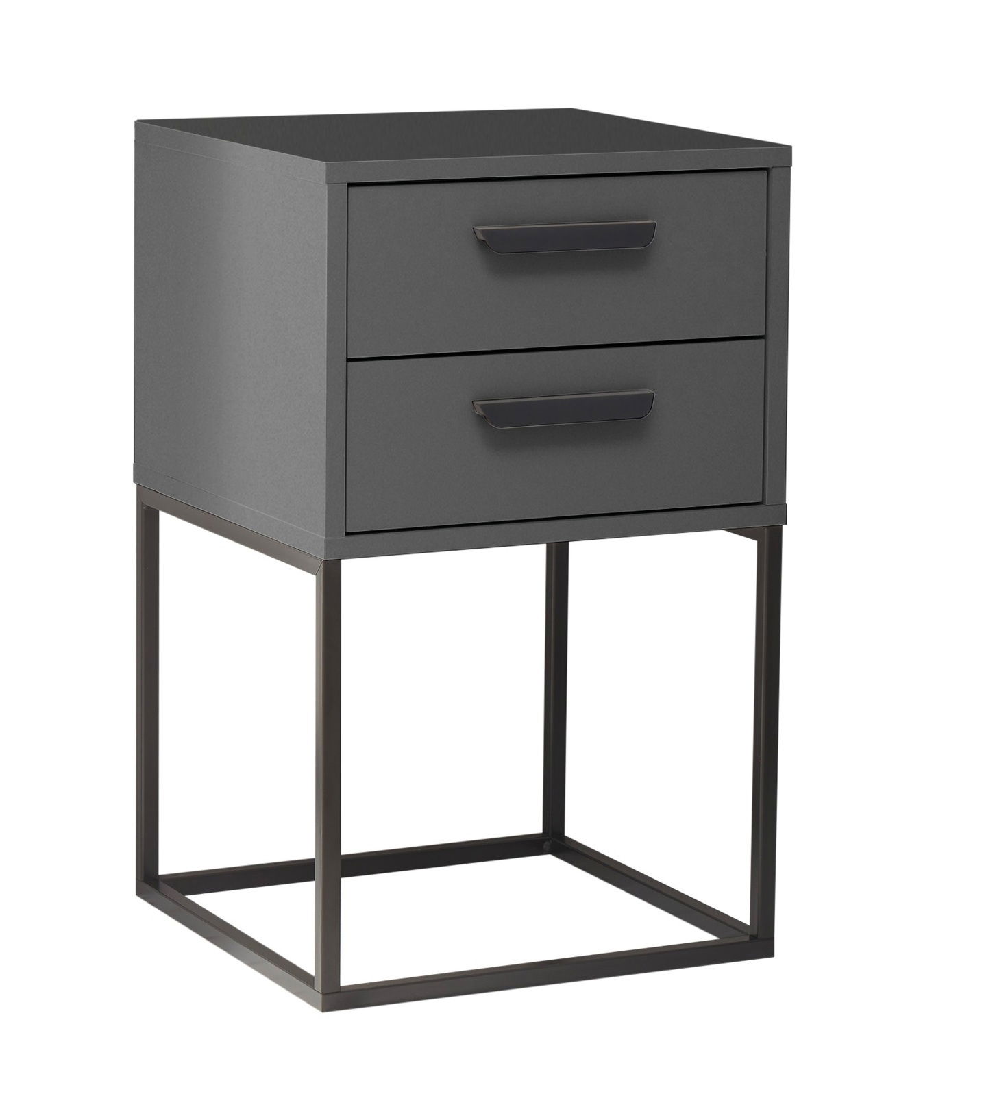 Moderne Nachtkommode mit zwei Schubladen in dunklem Grau, auf einem schlanken Metallgestell, seitliche Perspektive