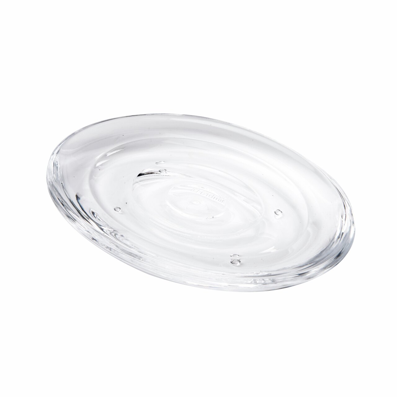 Umbra Seifenschale DROPLET Klarer Seifenhalter aus Kunststoff, leicht von oben betrachtet, mit elegantem, tropfenförmigem Design.