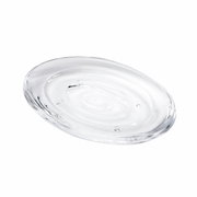 Klarer Seifenhalter aus Kunststoff, leicht von oben betrachtet, mit elegantem, tropfenförmigem Design.