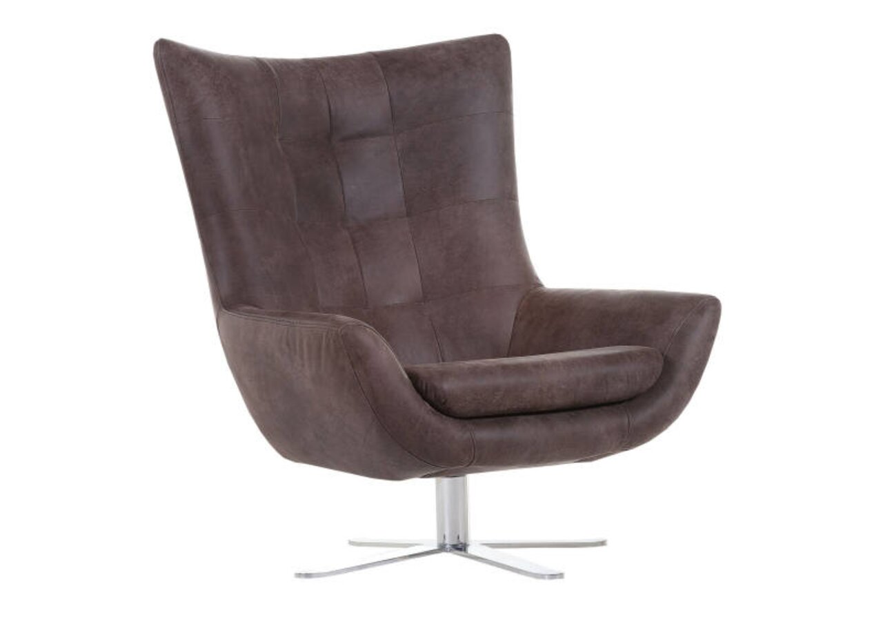 Moderner brauner Drehsessel mit hoher Rückenlehne und verchromtem Fuß, seitliche Perspektive