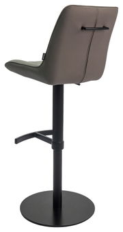Rückansicht eines grauen Barhockers mit schwarzem Metallgestell und Fußstütze.