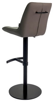 Rückansicht eines grauen Barhockers mit schwarzem Metallgestell und Fußstütze.