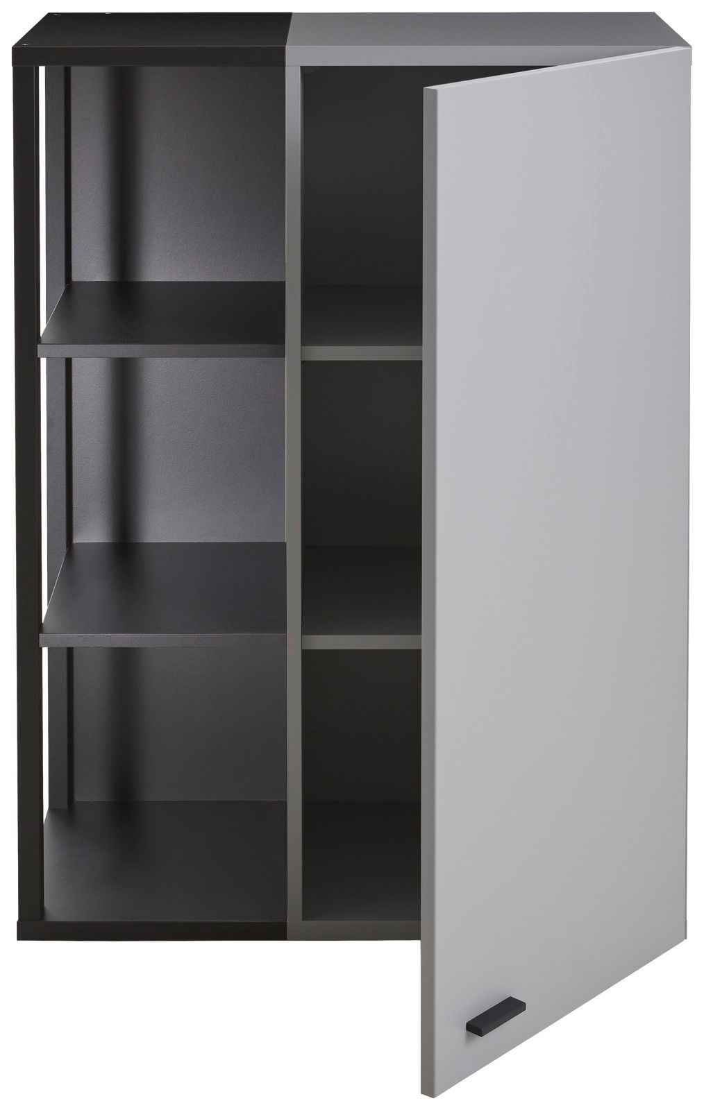 Hängeelement mit offenem Fach und geöffneter Tür, seitliche Perspektive