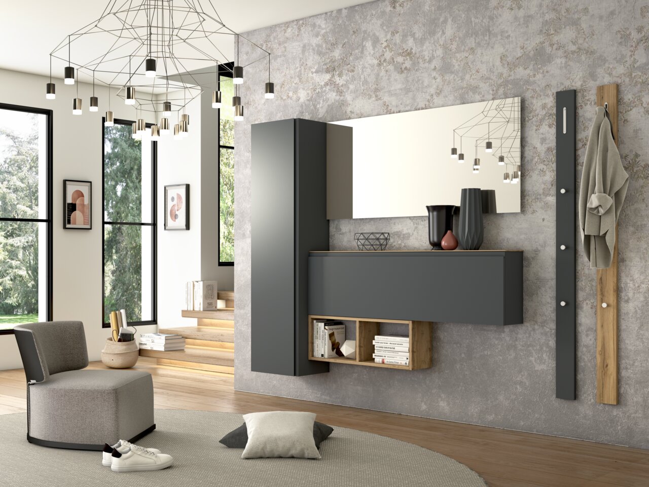 Moderne Garderobeneinrichtung mit Hängeschuhschrank, Garderobenschrank, Garderobenpaneel und Spiegel in einem stilvollen Raum mit seitlicher Perspektive.