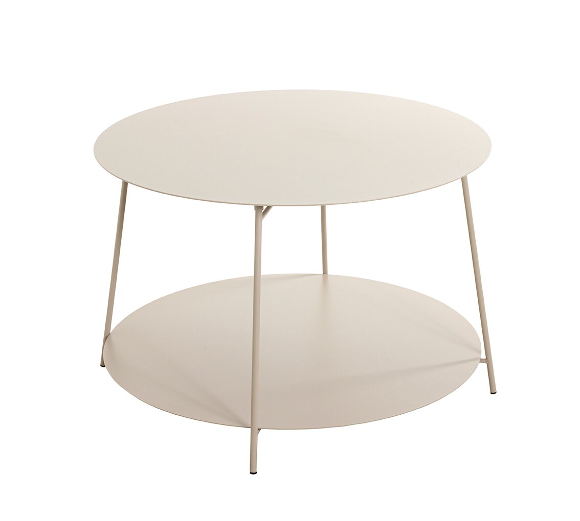 Zurbrüggen Beistelltisch Runder, minimalistischer Beistelltisch/Couchtisch in Cremeweiß mit zwei Ebenen und schlanken Metallbeinen, freigestellt auf weißem Hintergrund, Ansicht schräg von vorne.
