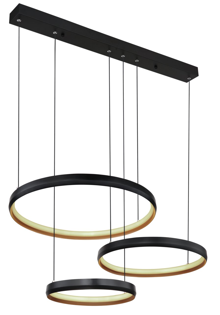Moderne Hängeleuchte HALLI mit drei ringförmigen Leuchtelementen in schwarzem Design, seitliche Perspektive.