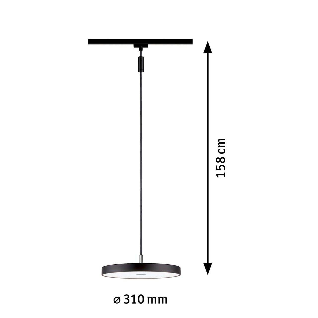 Schienenpendel Hildor, schwarze Pendelleuchte mit einem Durchmesser von 310 mm und einer Länge von 158 cm, seitliche Ansicht