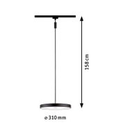 Hildor-railhanglamp, zwarte hanglamp met een diameter van 310 mm en een lengte van 158 cm, zijaanzicht