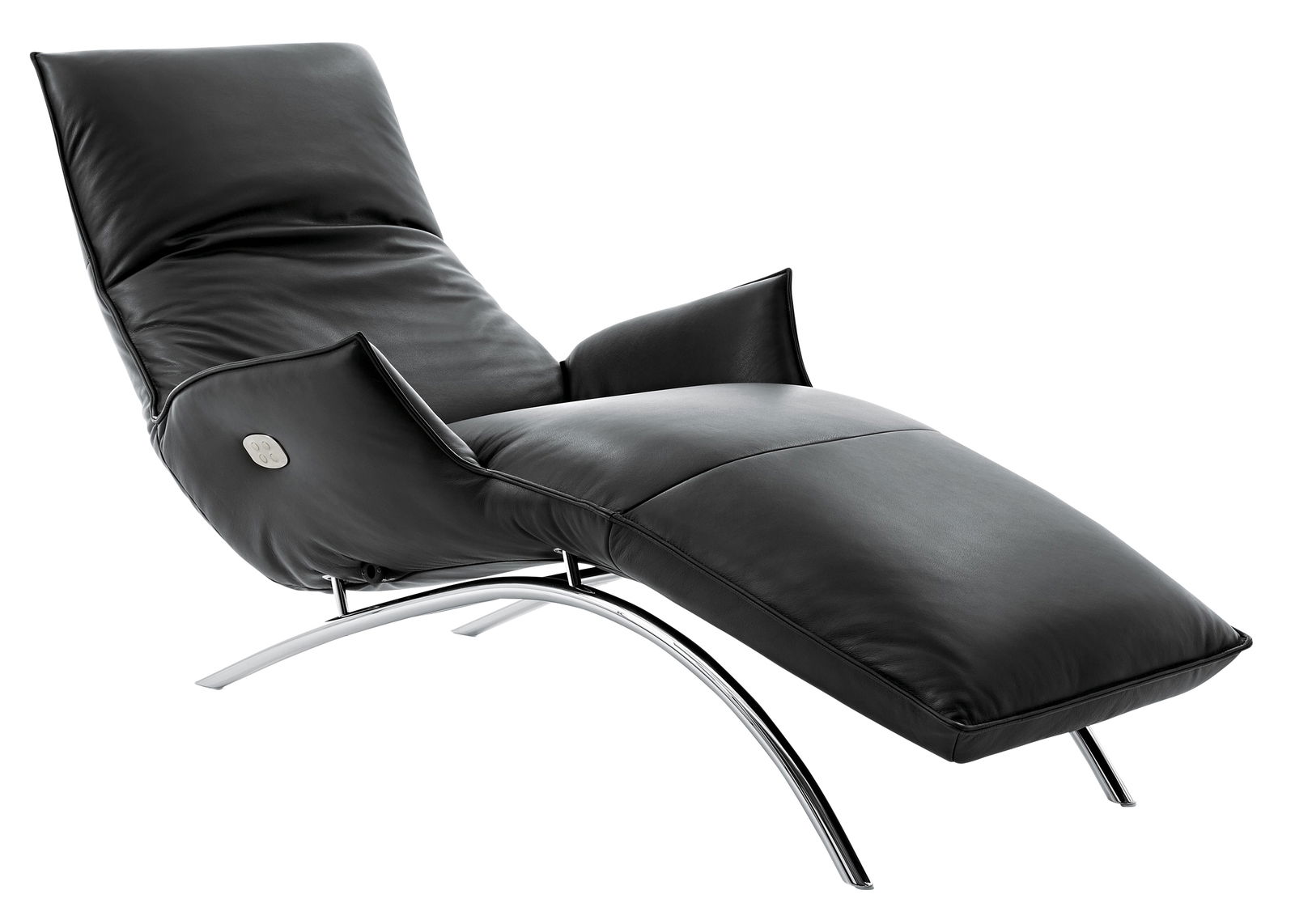 Schwarze Funktionsliege aus Leder mit gebogenem Metallgestell, seitliche Perspektive
