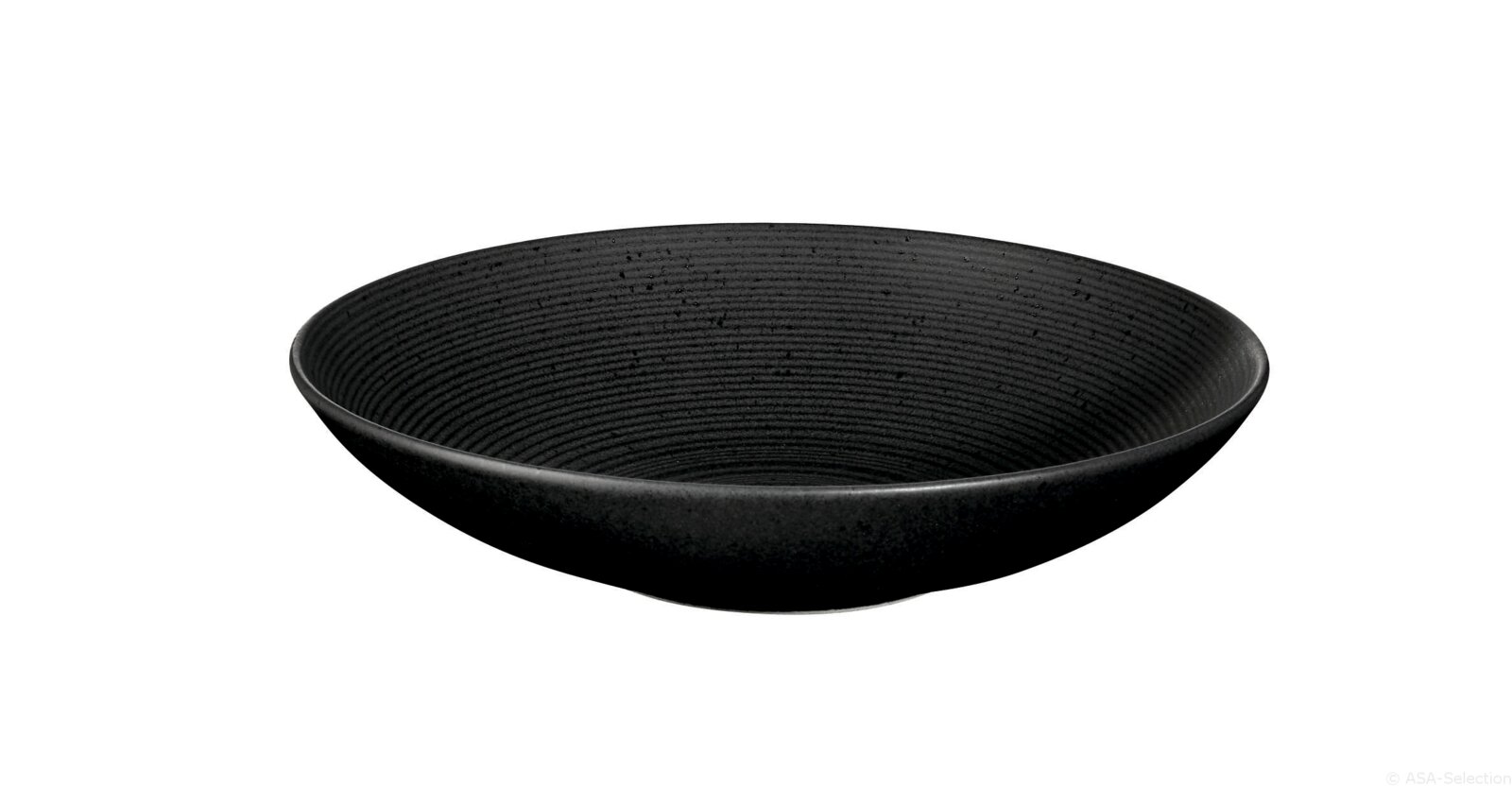 Schwarze Schale mit feiner Rillenstruktur, seitliche Perspektive