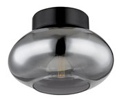 Moderne Deckenleuchte mit rauchgrauem Glas und schwarzer Basis, von unten betrachtet.