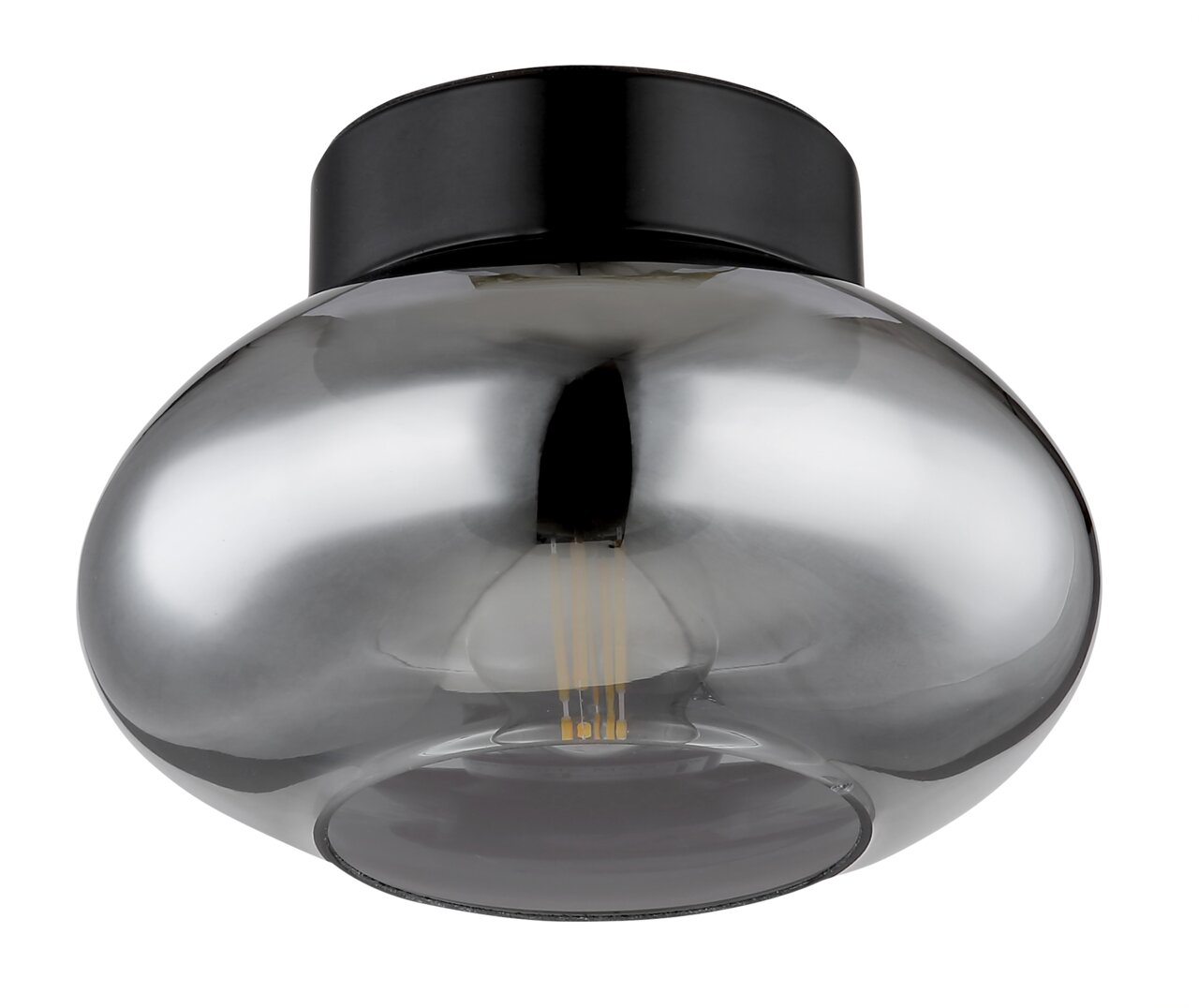 Moderne Deckenleuchte mit rauchgrauem Glas und schwarzer Basis, von unten betrachtet.