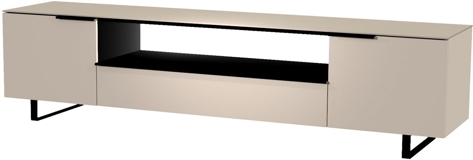 Modernes XL TV-Lowboard in Beige mit schwarzem offenen Fach, seitlicher Blickwinkel