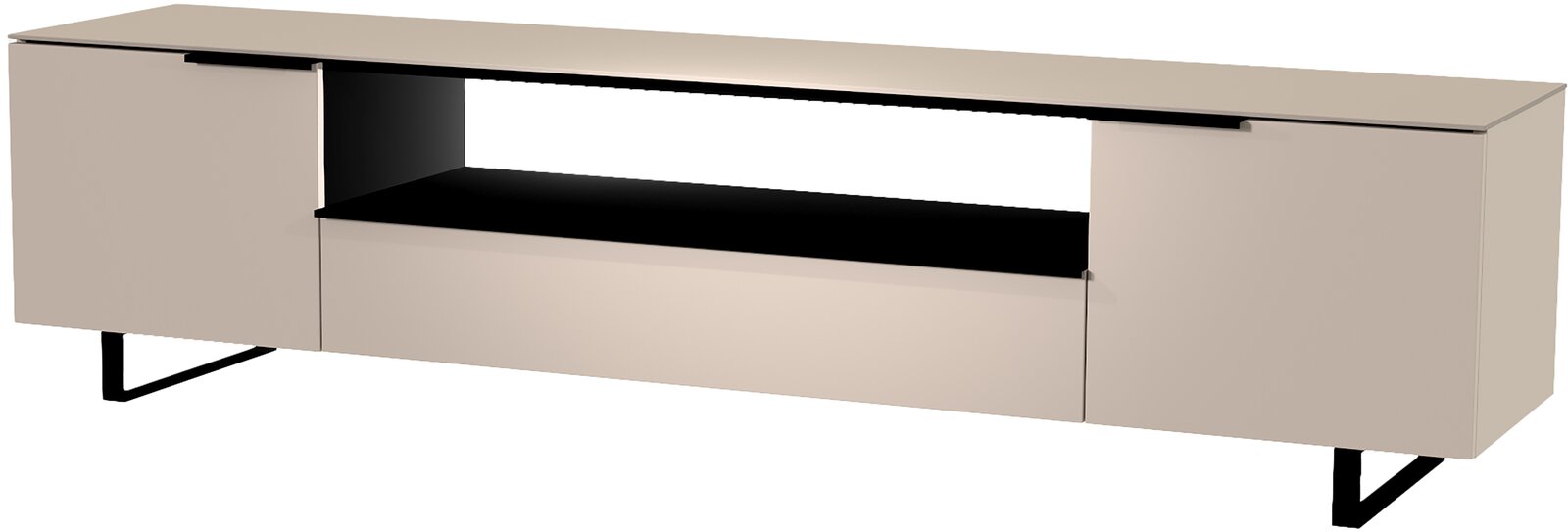 Modernes XL TV-Lowboard in Beige mit schwarzem offenen Fach, seitlicher Blickwinkel