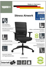 Bürostuhl mit atmungsaktiver Netzrückenlehne, höhenverstellbarer Lordosenstütze und höhen- sowie breitenverstellbaren Armlehnen, seitliche Perspektive