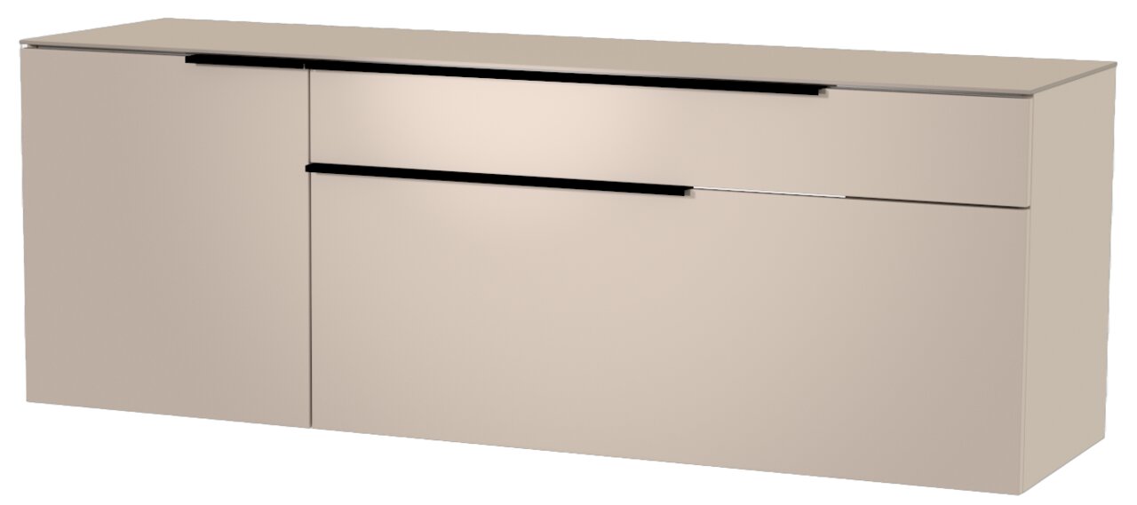 Hänge-Lowboard in beige mit schwarzen Griffen, frontale Perspektive