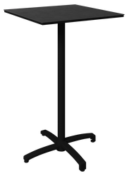 Schwarzer Stehtisch mit quadratischer Tischplatte und stabilem Mittelfuß, seitliche Perspektive