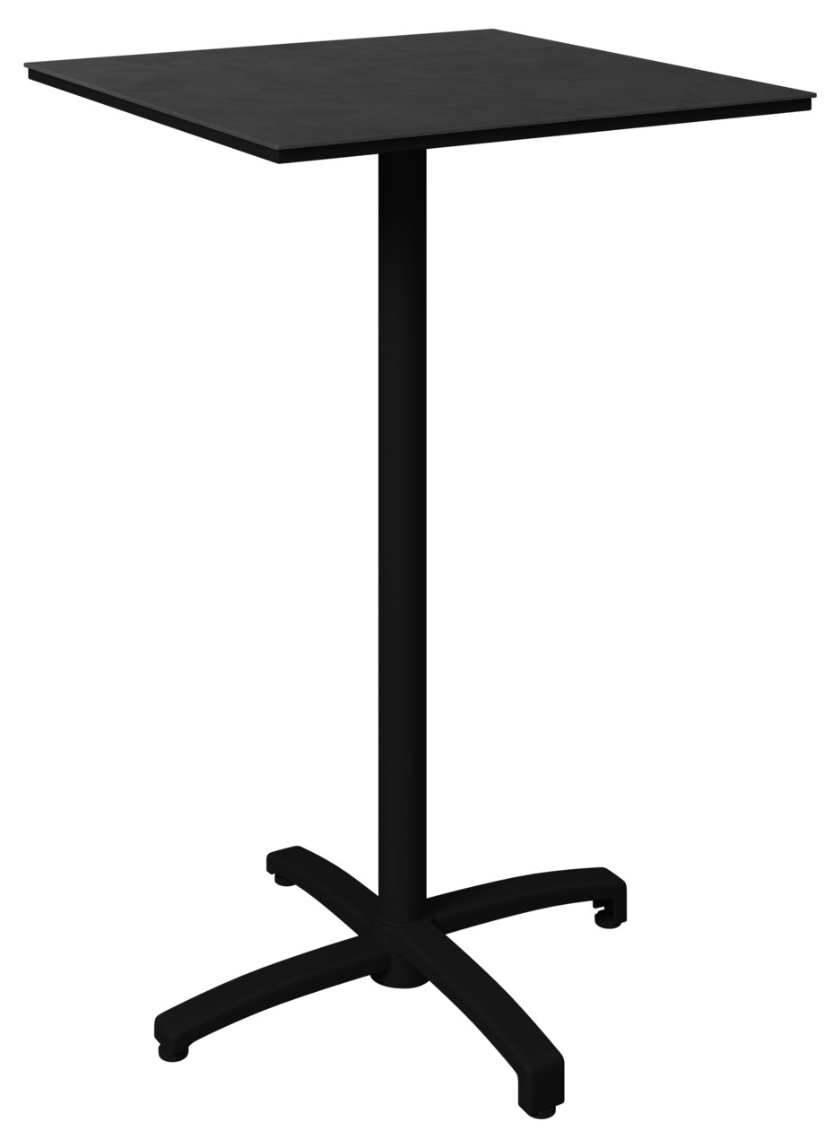 Schwarzer Stehtisch mit quadratischer Tischplatte und stabilem Mittelfuß, seitliche Perspektive