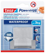 Verpackung des tesa Powerstrips Waterproof selbstklebenden Doppelhakens, frontal abgebildet, geeignet für bis zu 3 kg, einfach anzubringen und zu entfernen.