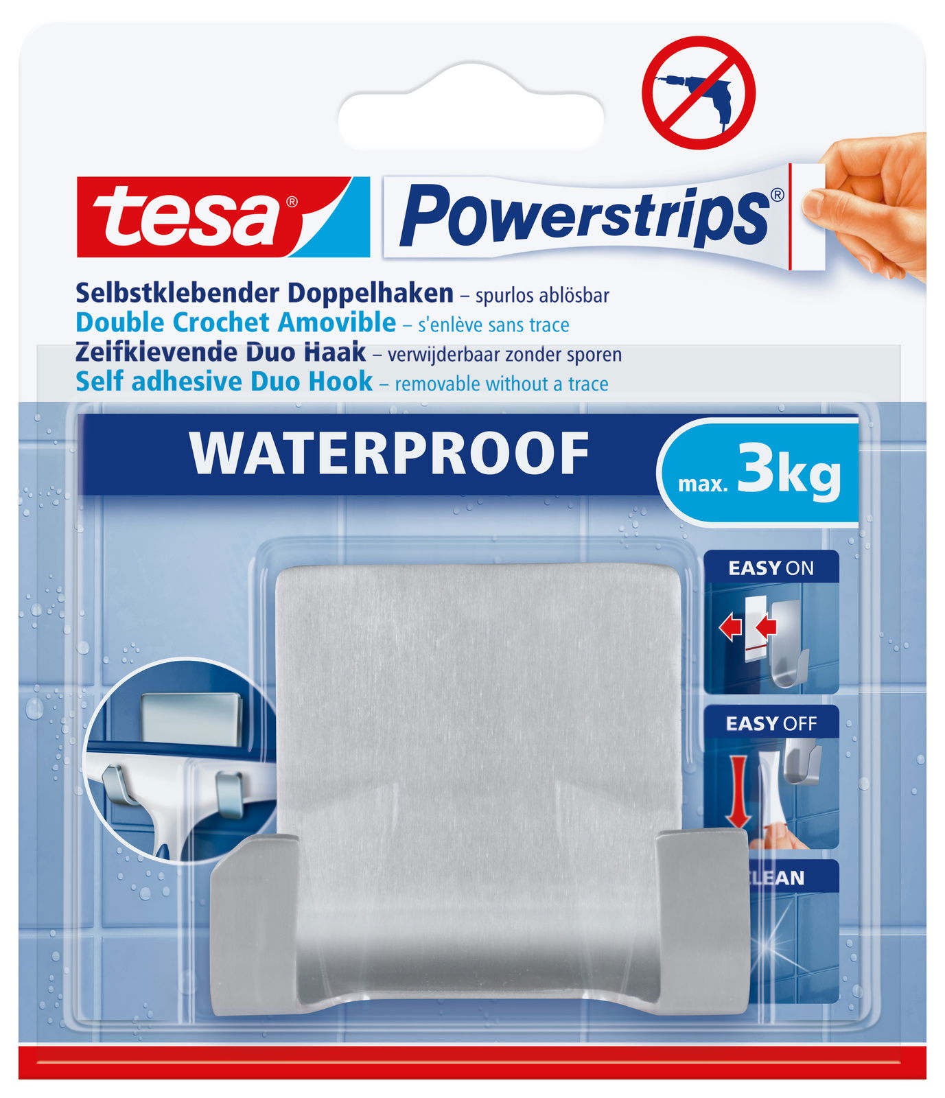 Verpackung des tesa Powerstrips Waterproof selbstklebenden Doppelhakens, frontal abgebildet, geeignet für bis zu 3 kg, einfach anzubringen und zu entfernen.