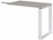 Moderner Anstelltisch mit grauer Tischplatte und weißem Metallgestell, seitliche Perspektive