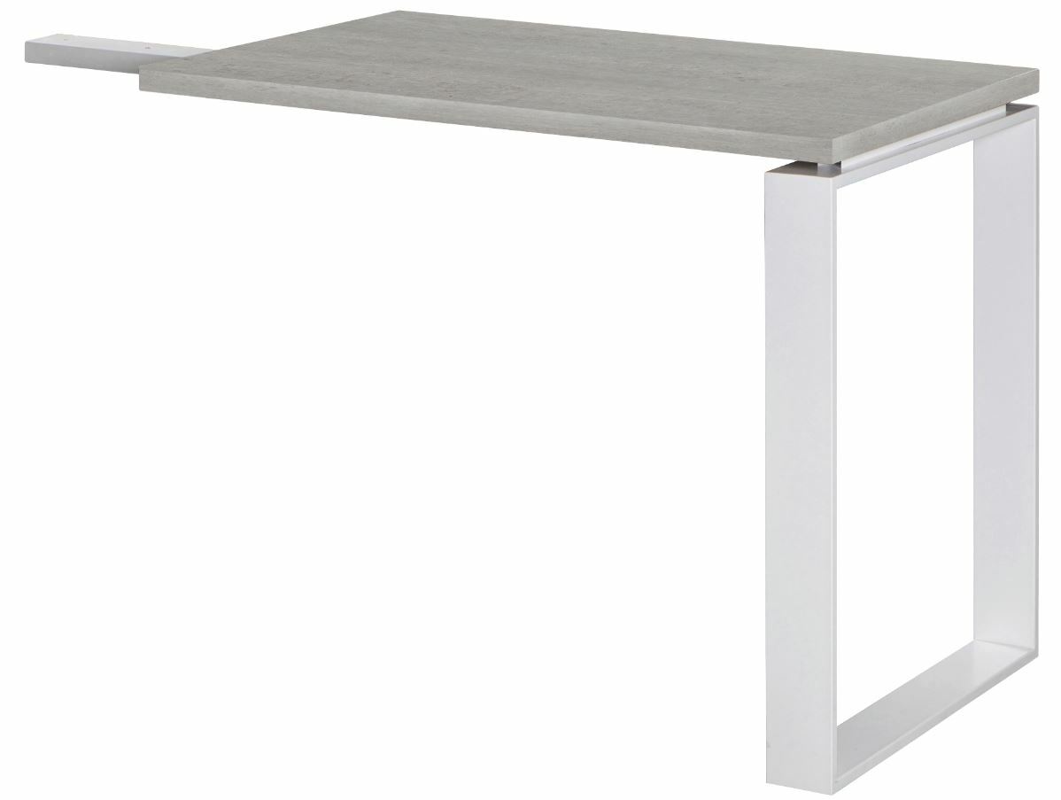 Moderner Anstelltisch mit grauer Tischplatte und weißem Metallgestell, seitliche Perspektive