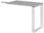 Moderner Anstelltisch mit grauer Tischplatte und weißem Metallgestell, seitliche Perspektive