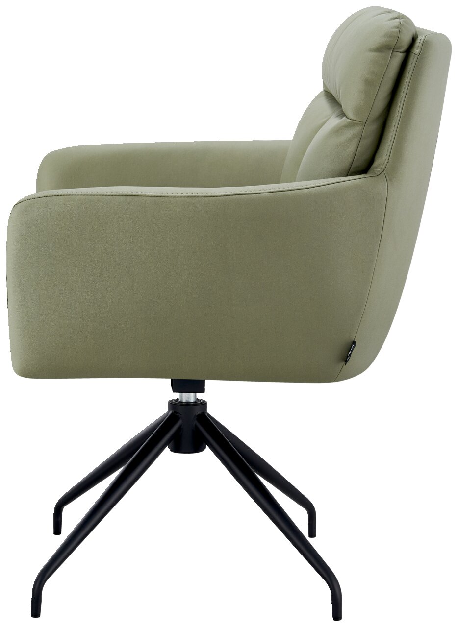 Seitenansicht eines grünen Armlehnstuhls mit schwarzem Metallgestell.