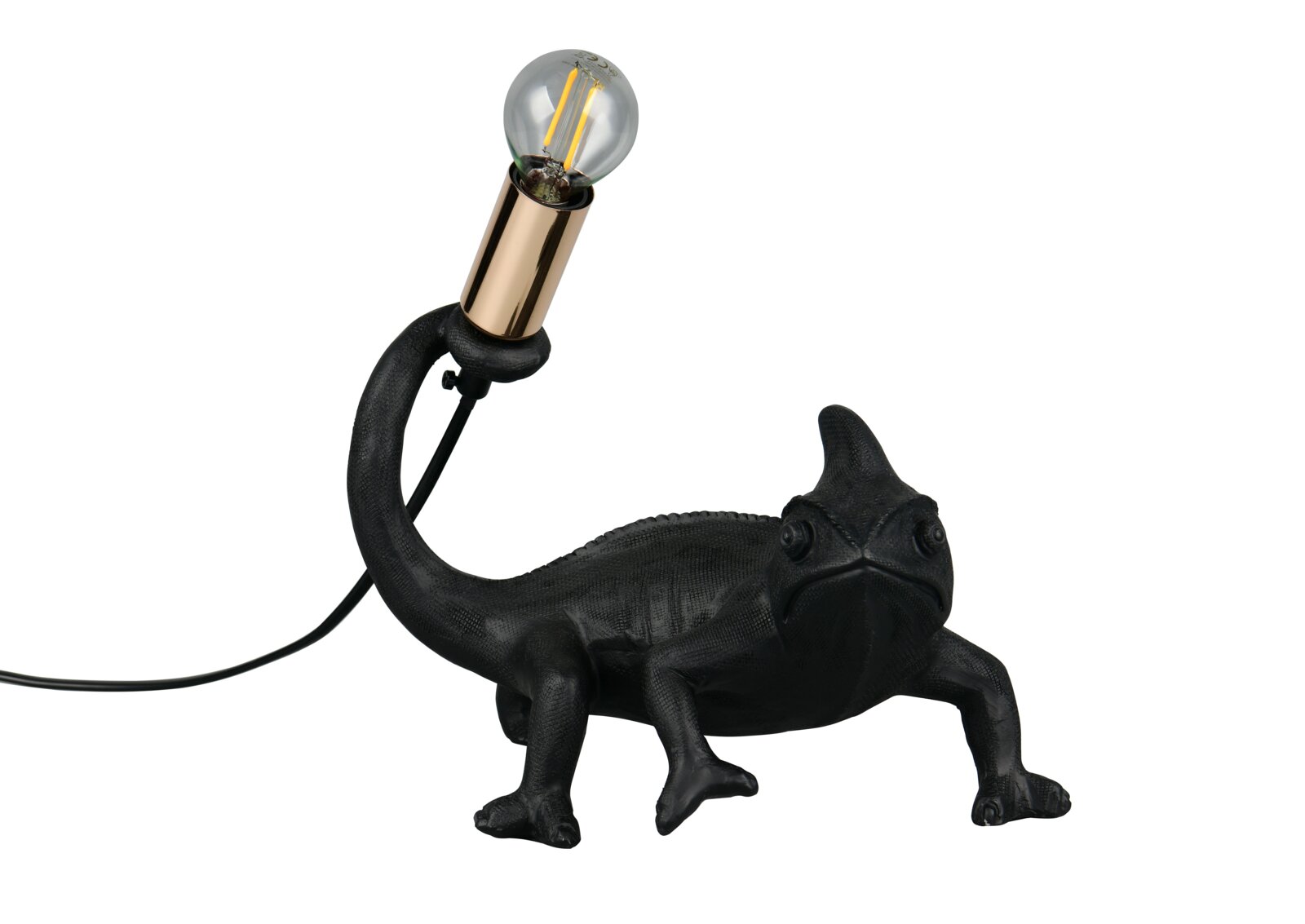 Tischleuchte in Form eines schwarzen Chamäleons mit einer Glühbirne auf dem Schwanz, seitliche Perspektive