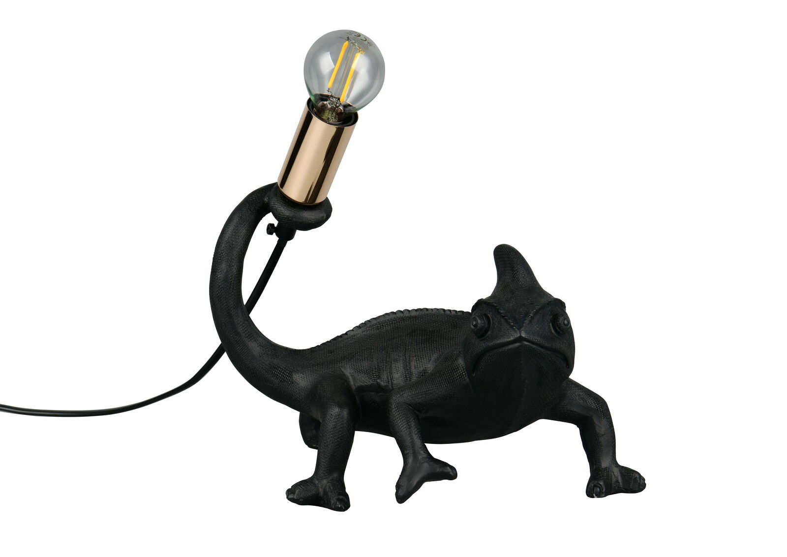 Tischleuchte in Form eines schwarzen Chamäleons mit einer Glühbirne auf dem Schwanz, seitliche Perspektive