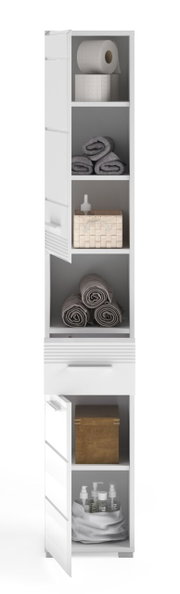 Hochschrank LINUS in Weiß mit mehreren Fächern, gefüllt mit Handtüchern, Toilettenpapier und Pflegeprodukten, aus frontaler Perspektive.
