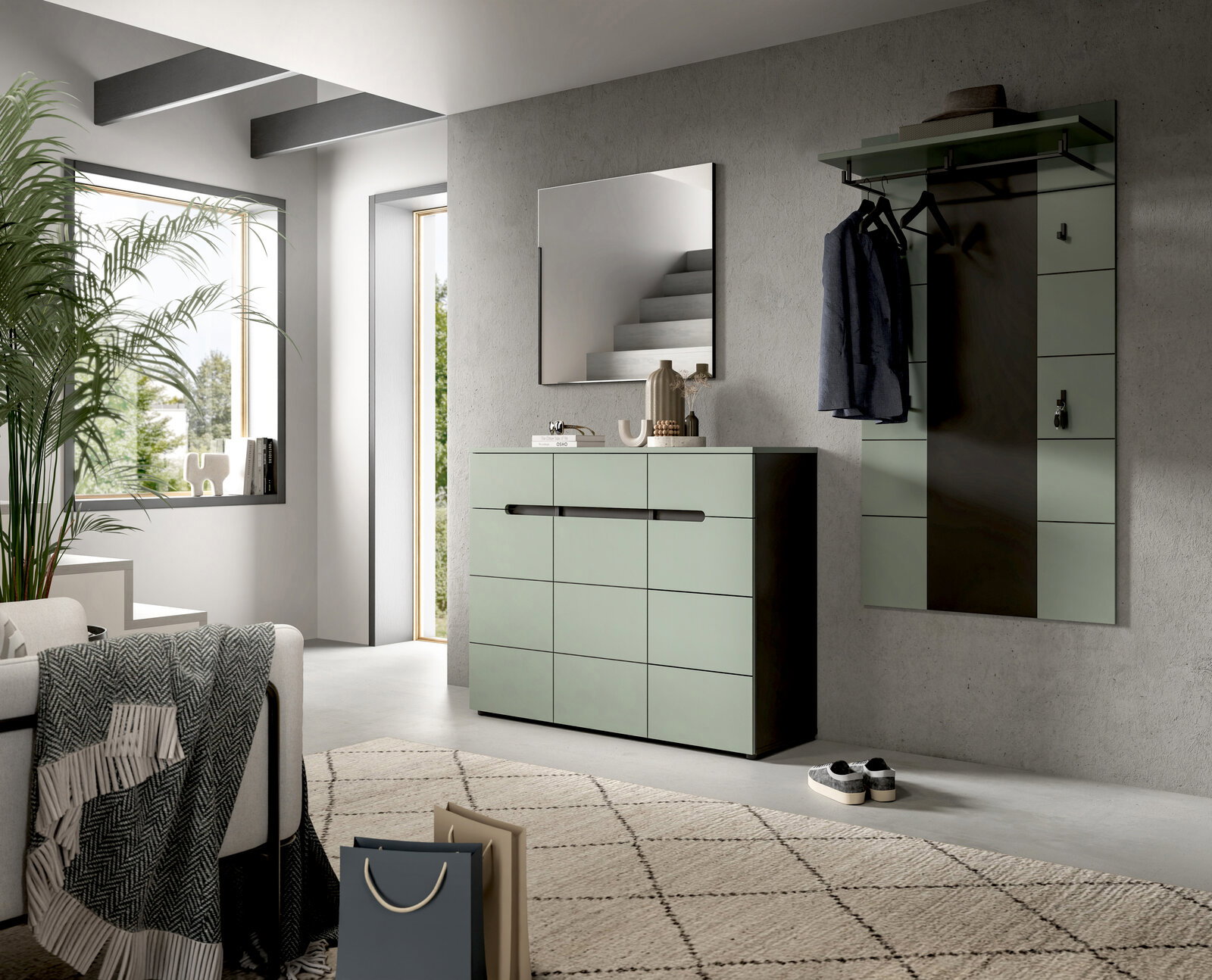 MID.YOU Garderobenkombination CANU Modernes Flur-Set mit mintgrüner Kommode, Wandspiegel und Garderobenpaneel mit Kleiderstange an grauer Wand, fotografiert in leichter Schrägansicht von vorn.