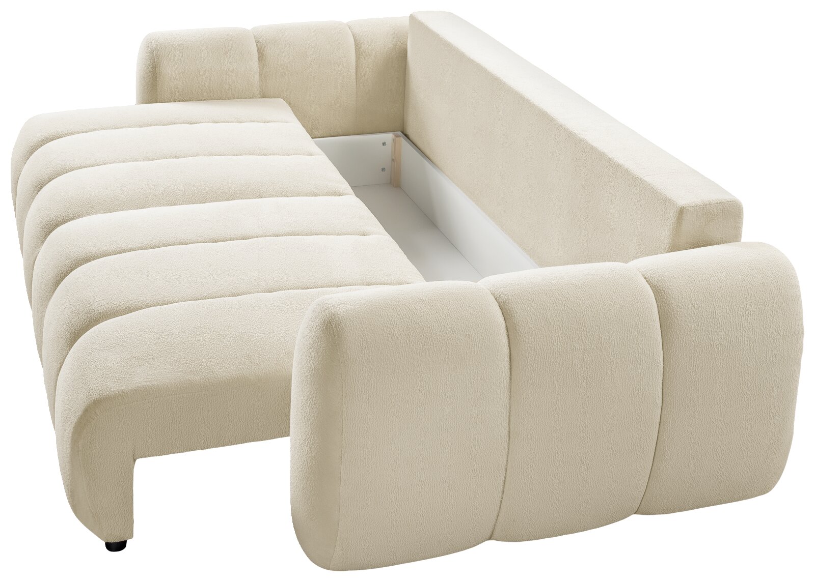 Cremefarbenes Polster-Schlafsofa mit Bouclé-Bezug und abnehmbarer Sitzfläche, Blick schräg von vorne oben in den geöffneten Bettkasten/Stauraum
