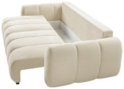 Cremefarbenes Polster-Schlafsofa mit Bouclé-Bezug und abnehmbarer Sitzfläche, Blick schräg von vorne oben in den geöffneten Bettkasten/Stauraum