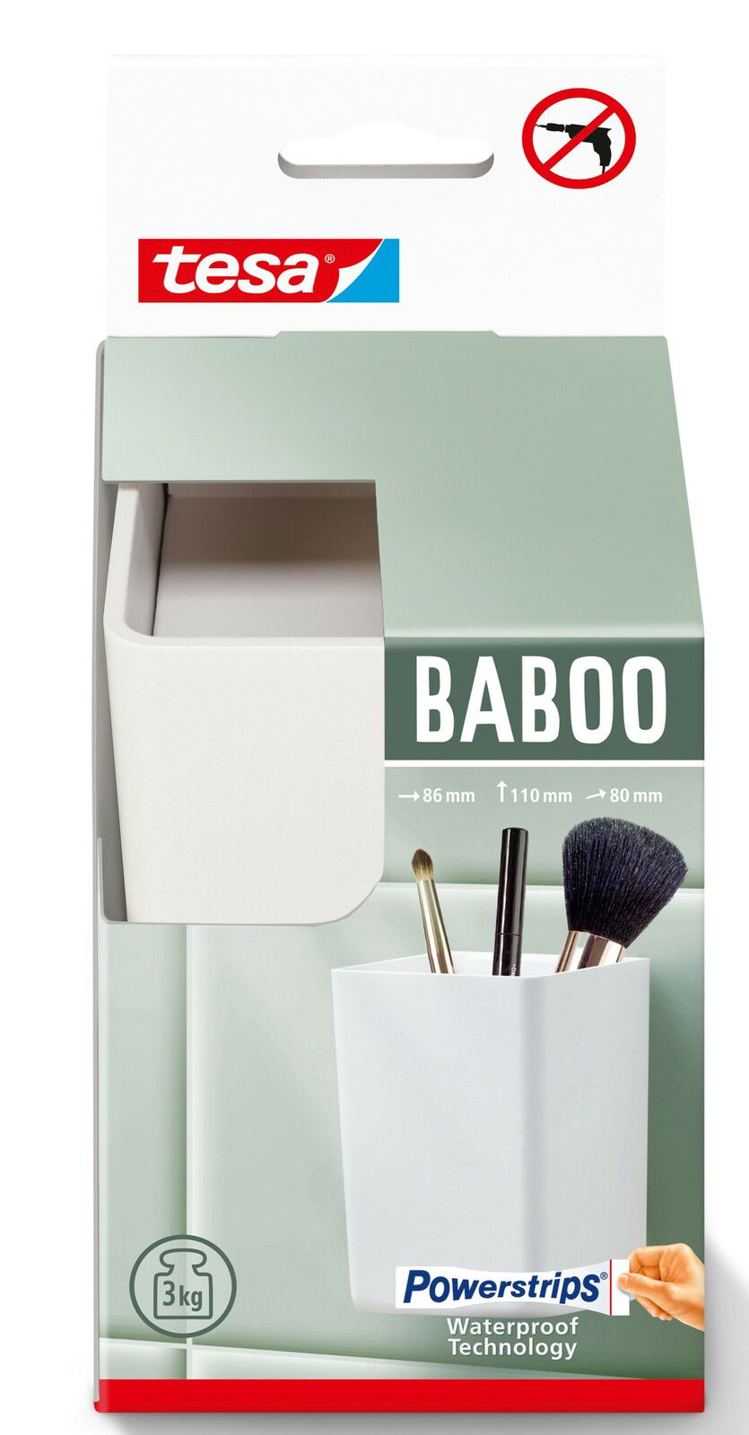 Frontalansicht der Baboo Aufbewahrungsbox von tesa, geeignet für die Wandmontage ohne Bohren, mit Powerstrips-Technologie, ideal für Badezimmerutensilien.