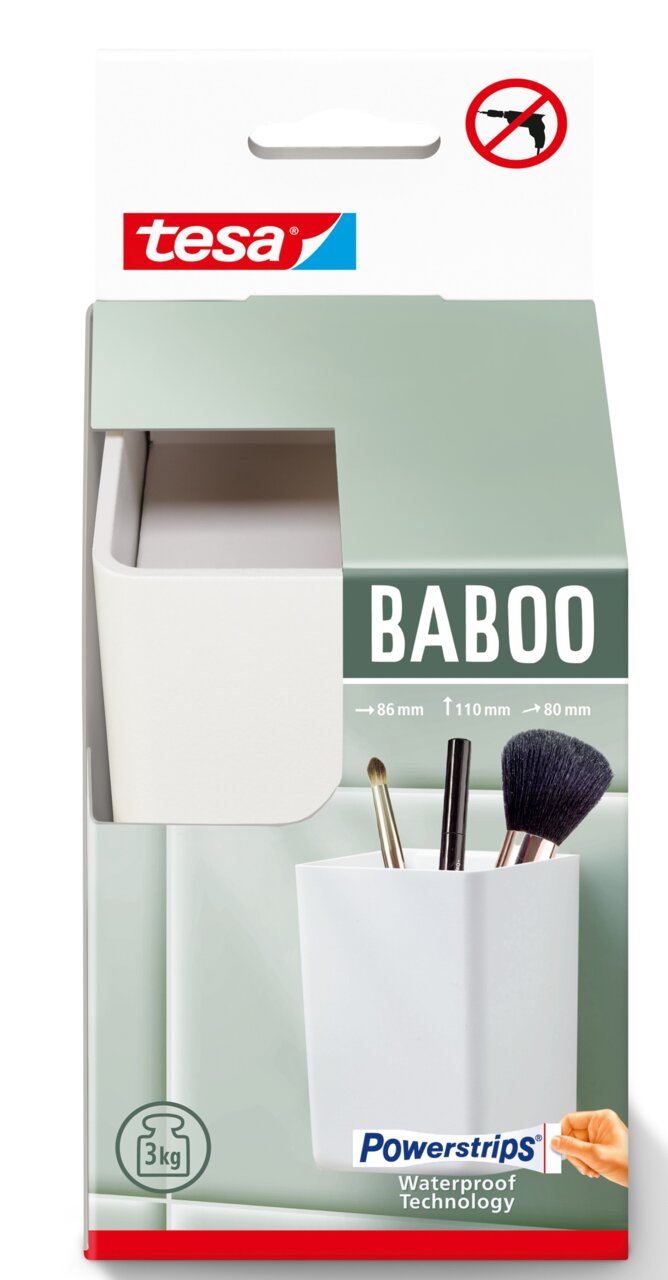 Vooraanzicht van de Baboo-opbergbox van tesa, geschikt voor wandmontage zonder boren, met Powerstrips-technologie, ideaal voor badkamerbenodigdheden.