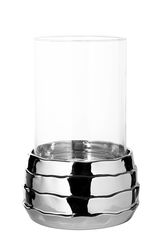 Windlicht aus Glas und Keramik mit glänzendem, wellenförmigem Sockel, frontal fotografiert.
