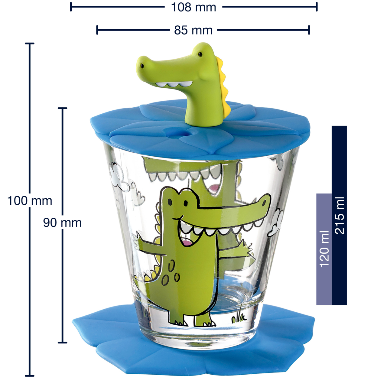 Kindertrinkset mit Krokodilmotiv, bestehend aus einem Glas mit blauem Deckel und Untersetzer, seitliche Ansicht