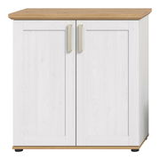 Frontansicht eines Highboards mit zwei weißen Türen und einer Holzoberfläche.