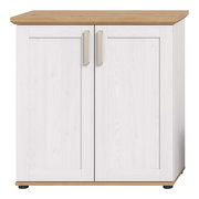 Frontansicht eines Highboards mit zwei weißen Türen und einer Holzoberfläche.