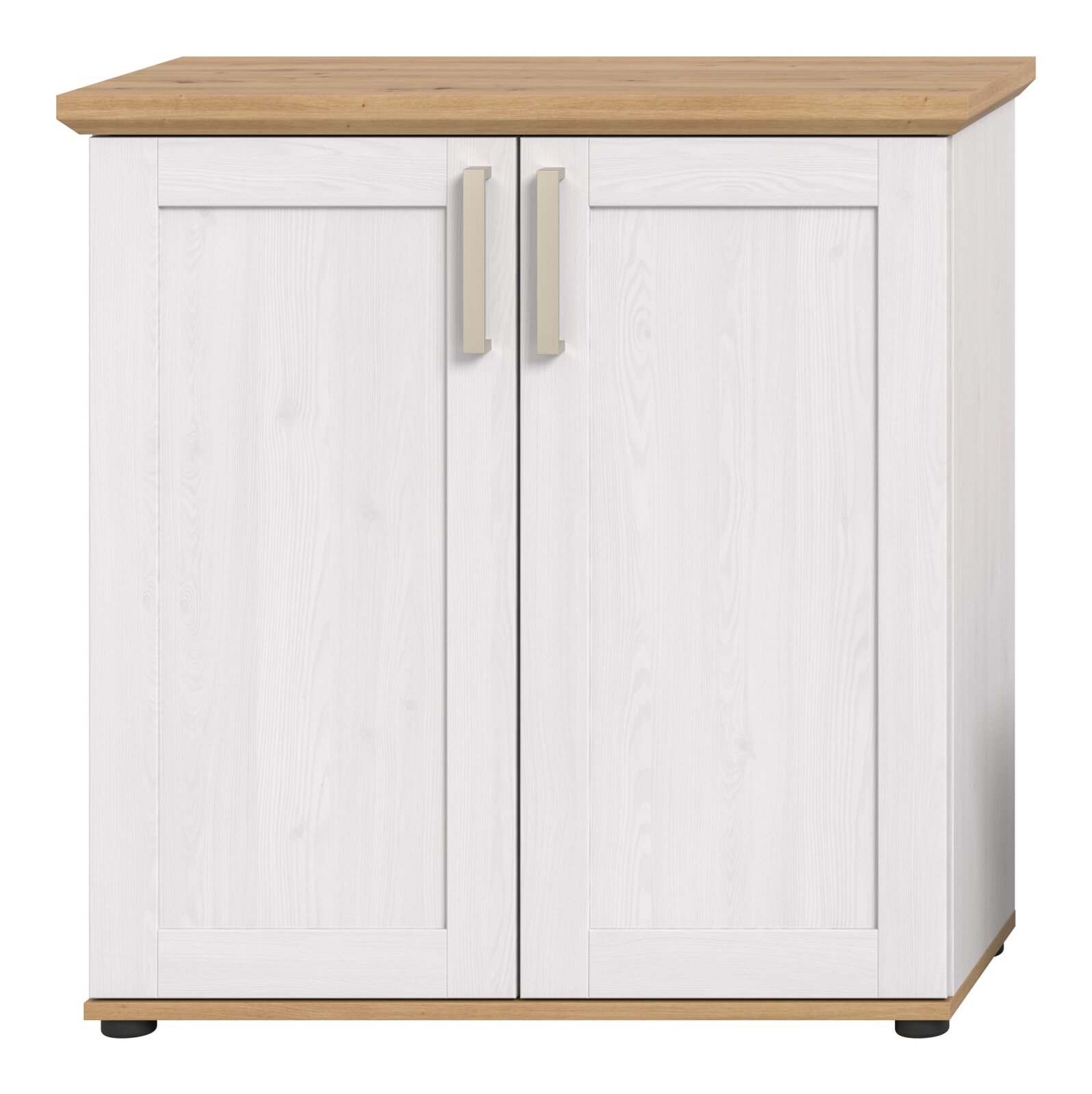 Frontansicht eines Highboards mit zwei weißen Türen und einer Holzoberfläche.